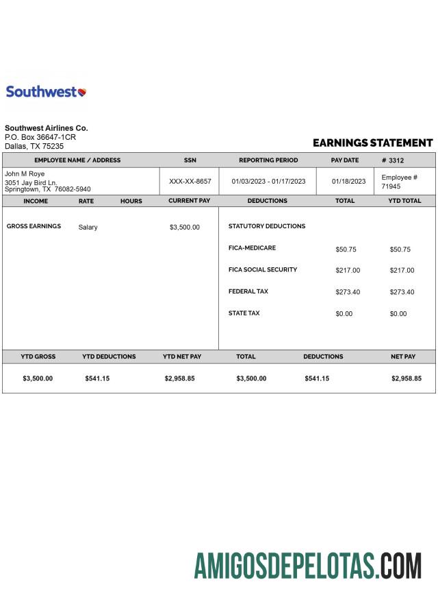Demonstração de lucros da SOUTHWEST AIRLINES CO em formatos PDF e Word exemplo real